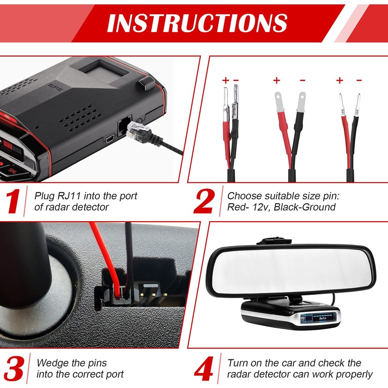 Upgraded Mirror Plug Wire Tap Radar Detector Hardwire Power Cord