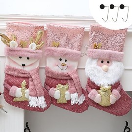 Fassory Pink Christmas Stocking Set of 3 with Anti-Slip Hooks Hangers, Xmas Sock Gift Bag Candy Pouch Bag, Large Christmas Tree Ornament, 3D Santa Snowman Reindeer Fireplace Hanging Decoration (Pink)
