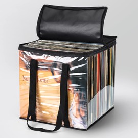 Facmogu Vinyl Record Carry Bag, 12 Inch PVC Clear LP Vinyl Record Storage Bag Holds up to 50 Vinyl Albums, Vinyl Album Storage Bag with Handle, Protection CD LP Record Holder for Travel, black,