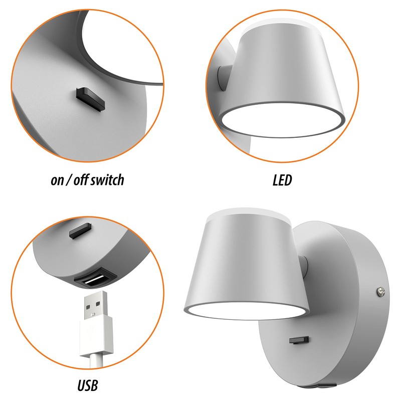 URSOLA Wall Light LED Wall Sconce with On/Off Switch USB