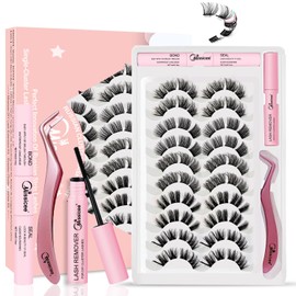 Missicee Eyelash Extensions Set, 5 Styles Eyelashes Set, 6D Natural Fluffy Wispy Individual Eyelashes with Bond Seal Remover Tweezers at Home (D-11-17 mm)
