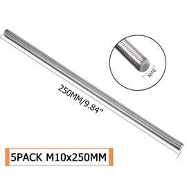 CEE 5Pack M10 x 250mm Fully Threaded Rod Stud 304 Stainless Steel 0.39"x10" Long Threaded Screw, Right Hand Thread Bar Studs Rods for Anchor Bolts, Clamps, Hangers, U-Bolts, M10-1.5mm Thread Pitch