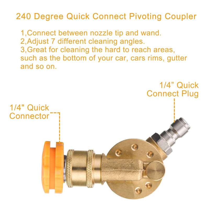 FIXFANS Pressure Washer Pivoting Coupler, 1/4” Quick Connect Gutter Cleaner