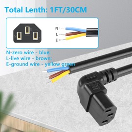CERRXIAN 2 Pack 1 Foot 90 Degree Up IEC 320 C13 Female 3 Pin with Stripped Open Wiring Heavy Duty Replacement C13 to Blank Wire Power Supply Cable Open Pigtail Cable