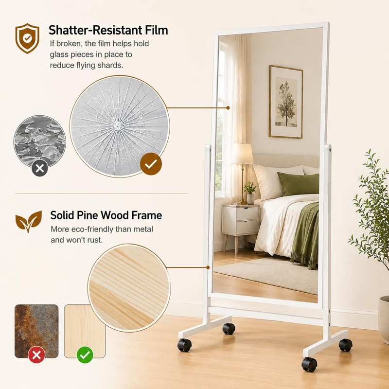 Full Length Mirror with Wheels, 65"x22" Freestanding Floor Mirror with