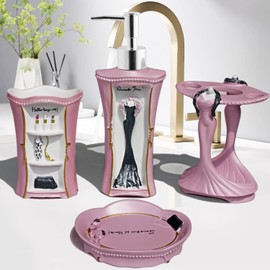 5 Piece Bathroom Accessories Set, Collection Bath Set Features Soap Dispenser, Toothbrush Holder, Tumbler, & Soap Dish (Pink)