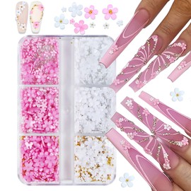 Flower Nail Art Charms White Pink Nail Charms for Acrylic Nails 3D Flower Nail Charms Gold Silver Pearls Nail Accessories Blossom Gems Nail Supplies Cute Spring Nail Decoration for Women DIY Manicure