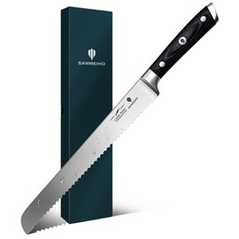 SANMEIHO 10" Bread Knife - Sourdough Slicing Knife Professional 5Cr15MoV Stainless Steel Serrated Knives, Ergonomic Wood Handle & Full Tang Design, Gift Box Included (Single-Edge