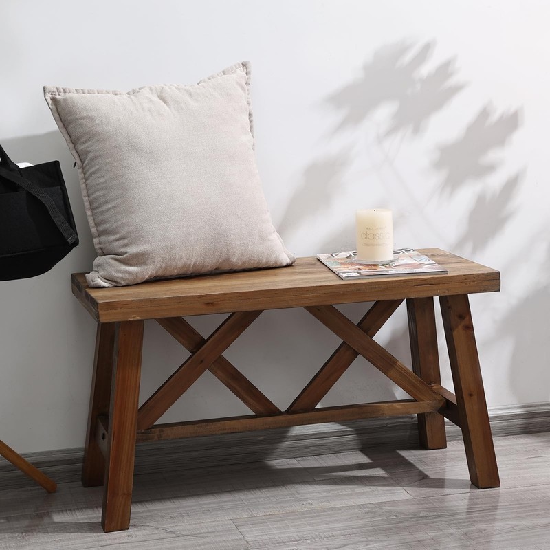 Wnutrees 30" Farmhouse Wood Bench, Rustic Solid Wood Entryway Bench