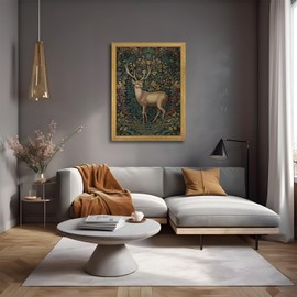 SAMHOU Framed 3D Textured Deer Wall Art, Reindeer Deer Hand Drawn Sandstone Wall Decor, Dark Academia Vintage Botanical Florals Animal Picture for Bathroom Living Room Bedroom Home Decor 16x24 inch