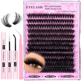 240Pcs Cluster Lashes Kit - Cluster Lashes Kit Long, 14-20mm Fluffy Individual Eyelashes Set - Russian D Curl Lash Clusters for Thick Volume, Natural Look, DIY Extensions - Beginner Friendly, 200D