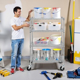 Finnhomy 4 Tier Heavy Duty Commercial Grade Rolling Cart with Handle Bar, Metal Wire Utility Cart with Wheels, Kitchen Service Trolley on Wheels, Shelf Size 18" D x 36" W, NSF, Chrome