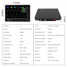 [Upgraded Model Plus 100X PRODE] Oscilloscope, 1013D Plus Portable Digital Tablet Oscilloscope with 2 Channels 100Mhz Bandwidth 1GSa/s Sampling Rate 7" TFT LCD Touch Screen 100X High Voltage