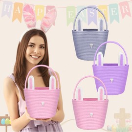 QOUBAI 3 Pack Easter Baskets Woven Bunny Basket with Rabbit Ears Rope Easter Eggs Basket with Handles for Toddler Boy Girl Candy Gift Toy Storage Easter Egg Hunt Party Favor Supplies(Pink,Purple,Grey)