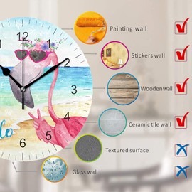 Wamika Wall Clock Pink Flamingo Beach Sea Summer Flowers Silent Non Ticking Round Clocks, Flamingos Birds Ocean Floral Clocks 10 Inch Battery Operated Quartz Quiet Desk Clock for Home Office