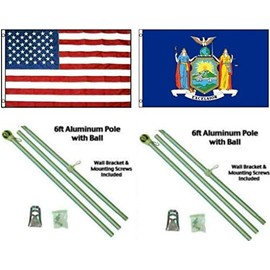 AES 3x5 3'x5' USA American w/State of New York Flag w/Two 6' Aluminum Flagpole Pole Kits Ball Topper