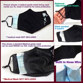 ICYROSE 3 Pack XXL 7"/ XL 6.5" Extra Large Face Mask Big and Tall 3 Ply Beard Mask Cotton Fabric nose wire Filter Pocket adjustable (All Dark Grey, XL 6.5")