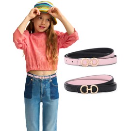 Monopa Skinny Reversible Belt for Girls - Kids Leather Belt Toddler Girl Belt for Dress Pants(Black&Pink,90cm)