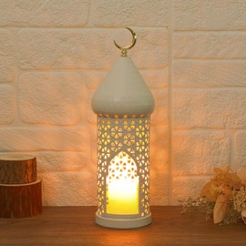 13.6inch Moroccan Lantern Lamp Decorative Candle Holders for Ramadan Decorations, Hanging, Outdoor Patio or Porch, Indoor Home Decor（White）