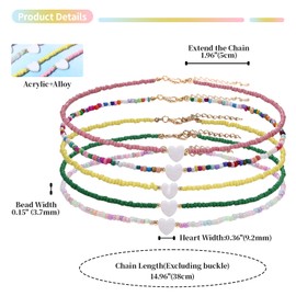 Aroncent 5Pcs Bohemian Beaded Choker Necklace Set: Heart Pendant Colorful Summer Beach Jewelry - Adjustable Y2K Necklaces for Women