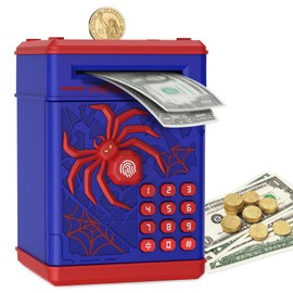 Pupidiu Spider Fingerprint Piggy Bank, ATM Piggy Bank for Kids Boys Girls, Kids Money Saving Box Money Safe (Blue)