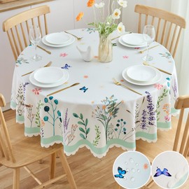 Round Tablecloth 60 Inch Floral Table Cloth Scalloped Edge Silky Soft Light Fabric Waterproof Wrinkle Free Washable Table Cover for Kitchen Dinning Outdoor Birthday Patio Party Decoration (White)