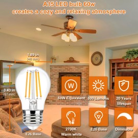 Vinaco A15 LED Bulb 60w, 6 Pack Dimmable No Flicker A15 Edison Light Bulb 600LM 6W, Equal 60W, 2700K Warm White CRI85+ E26 Base, Clear Glass Edison Vintage Lights for Ceiling Fan, Appliance Bulb