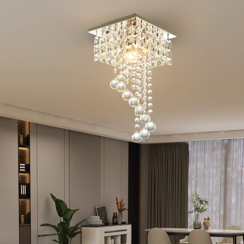 Finktonglan Mini Crystal Chandelier, 7.9" Square Flush Mount Ceiling Light,