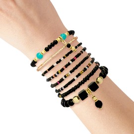 FineryGal Black Gold Layered Bracelet Women Beaded Wristlet Gift Boho Style Charm Stranded Wrap Spiritual Relief Energy Support Birthday Anniversary