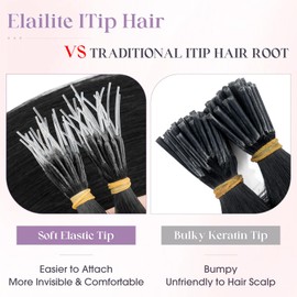 Elailite I Tip Hair Extensions Human Hair Elastic Itip Real Remy Hair Jet Black 20 Inch 50G 50Strands Straight Pre Bonded Keratin Fusion Human Hair Extensions
