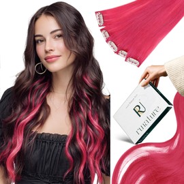 RUNATURE Hot Pink Clip in Hair Extensions Real Human Hair 14 Inch Hair Extensions Clip ins Straight Human Hair Clip in Extensions Pink Colored Hair Extension Clips for Highlight 25g 5pcs