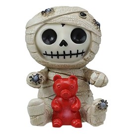 Ebros Egyptian Furrybones Mummy Sarcophagus with Red Teddy Bear and Creepy Spiders Figurine Small 2.75 Inch Tall Furry Bones Skeleton Decor Statue Gods and Goddesses of Egypt