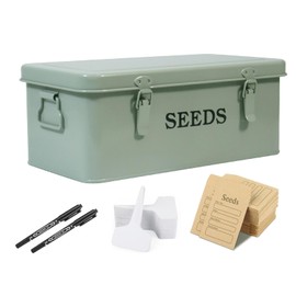 Xbopetda Seed Storage Organizer, 4 Compartment Seed Storage Box with Safety Lock, Metal Seed Box Container with 2 Pens, 20 Plant Labels and 50 Seed Envelopes for Seed Packet & Small Garden Tool, Green