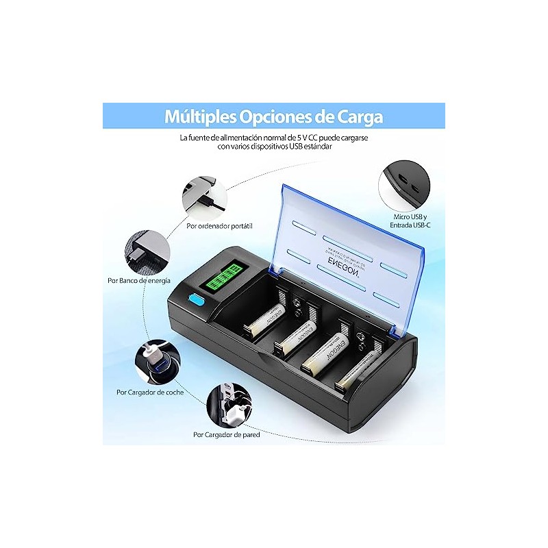 ENEGON Cargador de Pilas para Ni-MH Ni-CD de C, D,