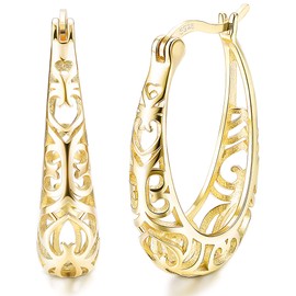 Milacolato 925 Sterling Silver Hoop Earrings for Women 18K Gold Plated Textured Filigree Oval Hoop Earrings Lightweight & Hypoallergenic Vintage Hoop Earrings