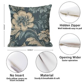 Zyadsinoudor Spa On Flax Blue Chinoiserie Throw Pillowcase Oriental Chinese Square Cushion Cover 22x22in Decorative Pillow Home Cotton Linen Boho Throw Pillow Case for Farmhouse Sofa Couch Bed Car