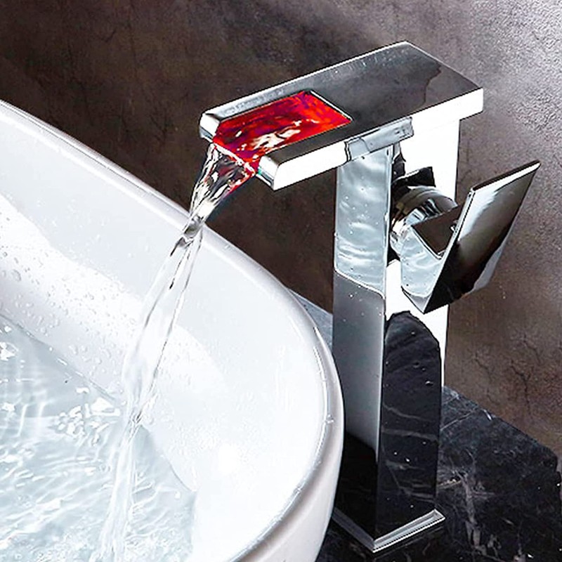 Chrome Bathroom Vessel Faucet Led Light 3 Color Changing Waterfall