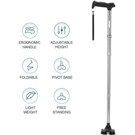 REHAND Walking Cane for Men & Women - Foldable, Adjustable, Lightweight, Self Standing Pivot Walking Cane, Soft Handle Grip, with Travel Bag, Walking Sticks for Seniors & Adults (Sliver)
