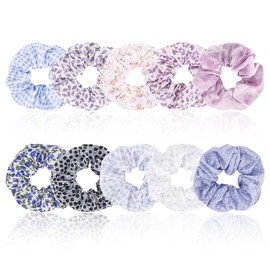 Yonchic 10-Piece Scrunchies for Girls, Polka Dot Plaid Flower Leaf Tie Dye No Damage Elastic Hair Ties, Ponytail Holder Hair Bands, Rubber Band Hair Accessories for Thin Hair (Purple)