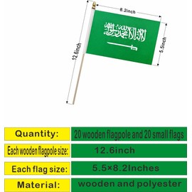 20 Pack Saudi Arabia Flags Saudi Arabian Stick Flag Small Mini Handheld Flags with 12.6inch Wooden Poles for National Day, Club World Cup,Sports Events, Party Decorations (5×8 Inches)