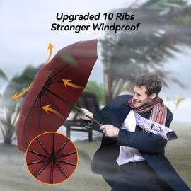 TechRise Umbrella Pocket Umbrella Storm Resistant Large -10 Ribs Windproof Storm Pocket Umbrella Automatic Compact with One Button Open and Close Automatic, red
