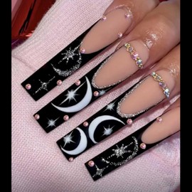 Gifiky Coffin Fake Nails Long French Press on Nails Moon Pattern Nails Tips Acrylic Full Cover Bling False Nails for Women and Girls 24Pcs
