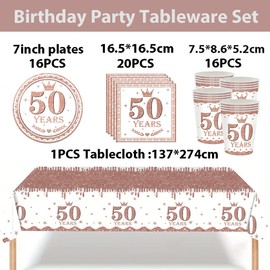 53Pcs Rose Gold 50th Birthday Party Tableware Decorations,50th Birthday Table Cloth Plates and Napkins Cups Sets for Her Women Birthday Table Decorations for 50th Birthday Gifts Dinnerware Supplies