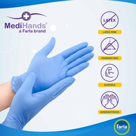 Farla Medical MediHands Nitrile Gloves Medium, Blue Heavy Duty Disposable Gloves, Powder Free, Latex Free, and Protein Free, Medical, Food, Multi Use, Pack of 100