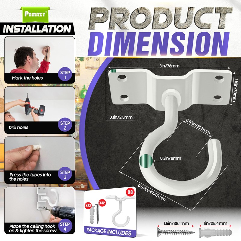[Upgraded] 200LBS 8Pcs Rotatable Ceiling Hooks with 4 Screw Points