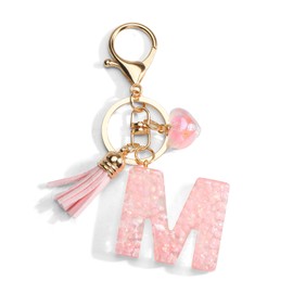 Key Chain with Letter, Initials Keyring with Heart Pendant, Pink Tassel, Gifts for Women, Bag Handbag Travel Decoration, m, S