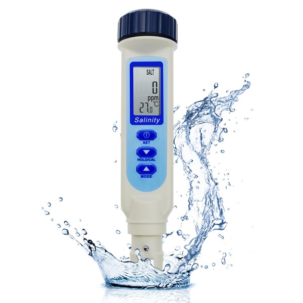 Pen Type Salinity & Temp Meter Measurement Units All-in-1 Checker Quality Tester ATC NaCl, 100 PPT / 9999 ppm / 10% / 0.95-1.08 SG for Pond Pool Saltwater Aquarium Cooking Seawater Drinking Water