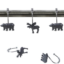 MVSUTA Woodland Cute Black Bear and Deer Decorative Shower Curtain Hooks,5 Roller Ring Balls Lovely Animal Designed Hooks for Bathroom Curtains,Set of 12