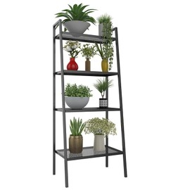 AuFox 4-Tier Metal Ladder Shelf, Black Ladder Bookshelf Multifunctional Ladder-Shaped Plant Flower Stand Industrial Organizer Rack Storage Shelves for Living Room, Bedroom, Office