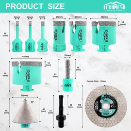 LEKOMESH Tile Hole Saw Kit - (6/6/8/25/35/50/65mm+10mm Finger Bit+50mm Chamfer Bit+SDS) Tile Hole Saw Kit Diamond for Porcelain Ceramic Marble Brick Concrete,5/8"-11 Thread